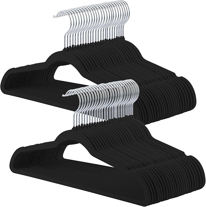 Velvet Hangers, 50 Pack Black Slim Felt Hangers with 360 Swivel Hook, Non-Slip, Heavy Duty for Coats, Pants & Dresses