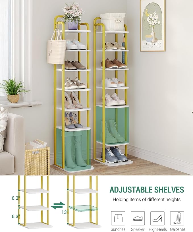 Hzuaneri 8 Tiers Vertical Shoe Rack, Narrow Shoe Tower, Tall Shoes Shelf with 2 Hooks, Adjustable Shelves, Corner Shoes Shelves for Small Spaces, Entryway, Living Room, White Gold SR04313A