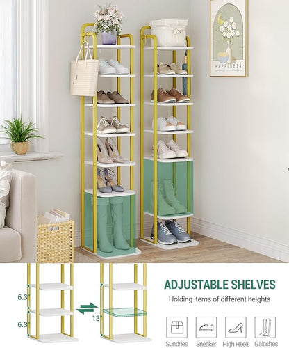 Hzuaneri 8 Tiers Vertical Shoe Rack, Narrow Shoe Tower, Tall Shoes Shelf with 2 Hooks, Adjustable Shelves, Corner Shoes Shelves for Small Spaces, Entryway, Living Room, White Gold SR04313A