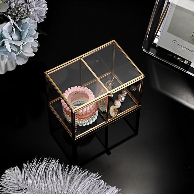 Hipiwe 2 Slots Glass Qtip Holder Gold Q-tip Storage Box with Lid Bathroom Accessories Container for Cotton Balls Cotton Swab Holder Rectangular Vanity Countertop Organizer