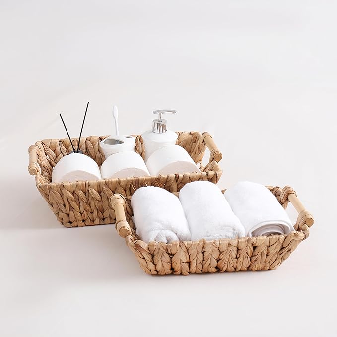 Handcrafted Water Hyacinth Basket, Hand Woven Wicker Shelf Basket for Storage, Organizing and Decoration, Rectangular, with Straight Wooden Handles, 1 Pack (Large)