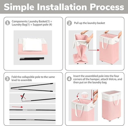 Goodpick Laundry Basket with Wheels, 75L Tall Clothes Hamper, Large Laundry Basket with Removable Wash Bag for Corner Dorm, Rolling Hamper, Pink&White