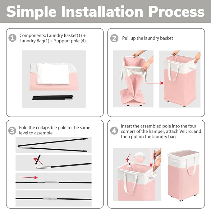 Goodpick Laundry Basket with Wheels 2-Pack, 75L Tall Clothes Hamper, Large Laundry Basket with Removable Wash Bag for Corner Dorm, Rolling Hamper, Pink&White
