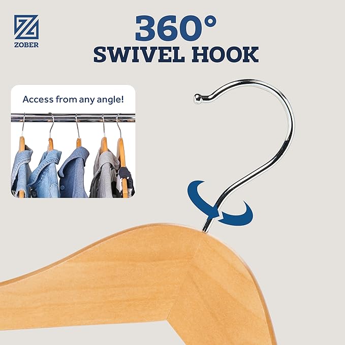 Wooden Hangers - Heavy Duty, Non Slip Wood Hangers for Coats, Jackets, Suits, & Pants - Clothes Hangers for Closet W/Bar and Notches (Natural, 10 Pack)