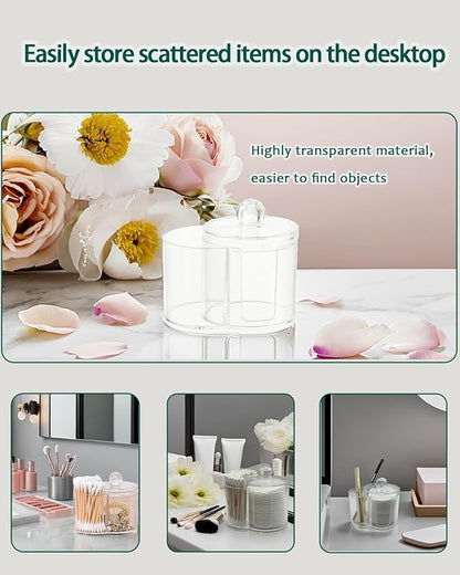 2-in-1 Cotton Round Holder & Cotton Swab Holder - Clear Plastic Bathroom Vanity Organizer, Shatterproof Apothecary Jar for Cotton Pad, Cotton Balls, Floss Picks, Hair Ties & Vanity Storage