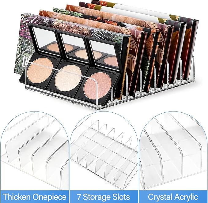 2 Pack Acrylic Makeup Eyeshadow Palette Organizer, 7-Slot Clear Cosmetic Display Case, Cosmetic Display Storage Holder Fit Eyeshadow Palette, CD, Phone Case, Facial Mask, Clear Cosmetic Organizer