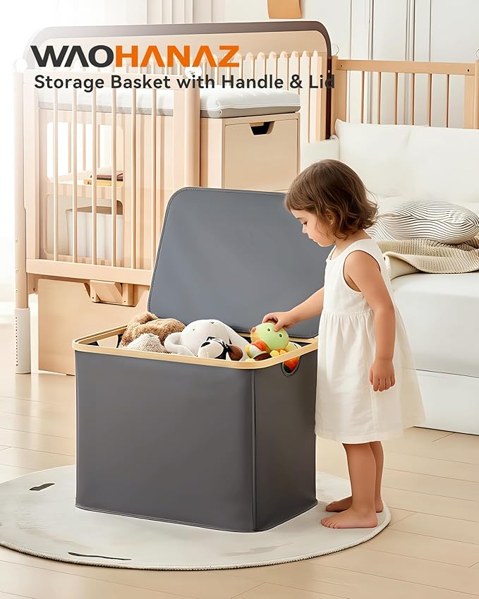 Storage Basket with Lid and Handles, 80L Fabric Bin for Shelf, Closet, Toy Organization, Collapsible Storage Organizer for Home, Grey