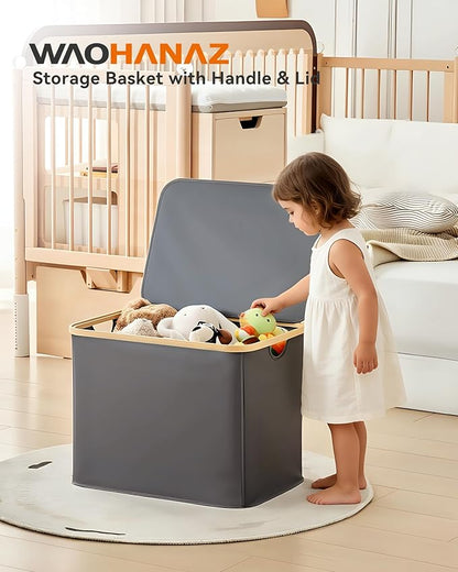Storage Basket with Lid and Handles, 80L Fabric Bin for Shelf, Closet, Toy Organization, Collapsible Storage Organizer for Home, Grey
