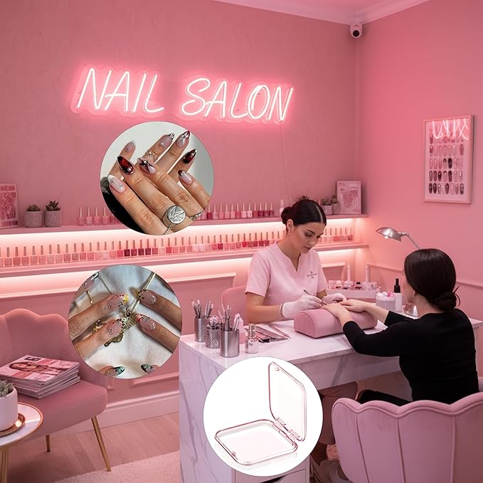 12 Pcs Press On Nail Containers 3x3in Pink Plastic Nail Tips Holder,Organizer Box with 30 Adhesive Glue Tabs for Fake Nail Display,Nail Storage Case for Salon Business & Home Use