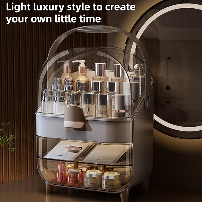 Makeup Organizer, Skincare Organizers with Clear Lid & 2 Drawers and 360° Rotating Brush Holder