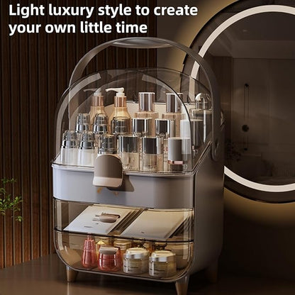 Makeup Organizer, Skincare Organizers with Clear Lid & 2 Drawers and 360° Rotating Brush Holder