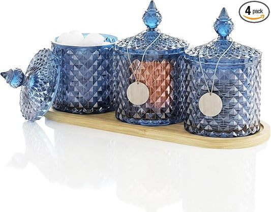 3Pack Qtip Holder Set with Bamboo Tray - 10oz Blue Glass Diamond-Facet Apothecary Jars with Lids - Bathroom Canisters for Cotton Swabs, Balls, Pads & Floss Picks - Vanity Storage Organizer