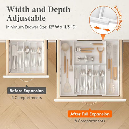 Lifewit Silverware Drawer Organizer, Expandable Utensil Tray for Kitchen, BPA Free Flatware and Cutlery Holder, Adjustable Plastic Storage for Spoons Forks Knives, 5-8 Slots, White