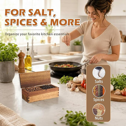Acacia Wood Salt Cellar Spice Box with Magnetic Lid 29oz Large Capacity Salt Organizer 2 Compartments for Kitchen Countertop, Pepper, Seasonings, Spices, Grilling & Cooking