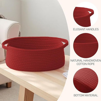 JMvicyroam Woven Basket,Small Rope Storage Bin with Handles & Ribbon Bag, Organizer for Shelves Closets,Gift Basket Empty for Birthday,Books,Dog Toys, Red