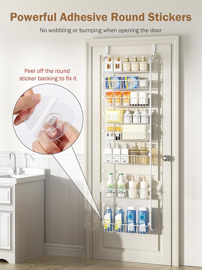 Delamu Over The Door Pantry Organizer, 8-Tier Pantry Door Organizers and Storage with Adjustable Basket, Metal Hanging Spice Rack, Seasoning Organizer, Door Organizer for Home Kitchen Bathroom, White