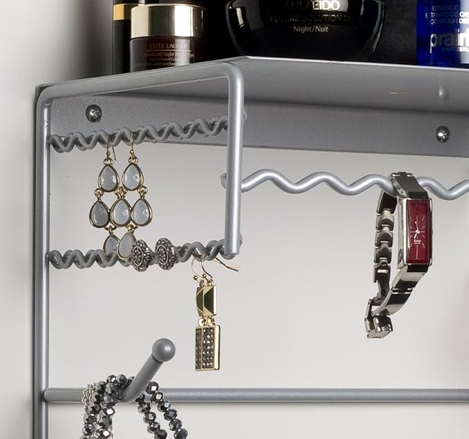 Silver 10" Wall Mount Jewelry & Accessory Storage Rack Organizer Shelf for Earrings, Bracelets, Necklaces, & Hair Accessories