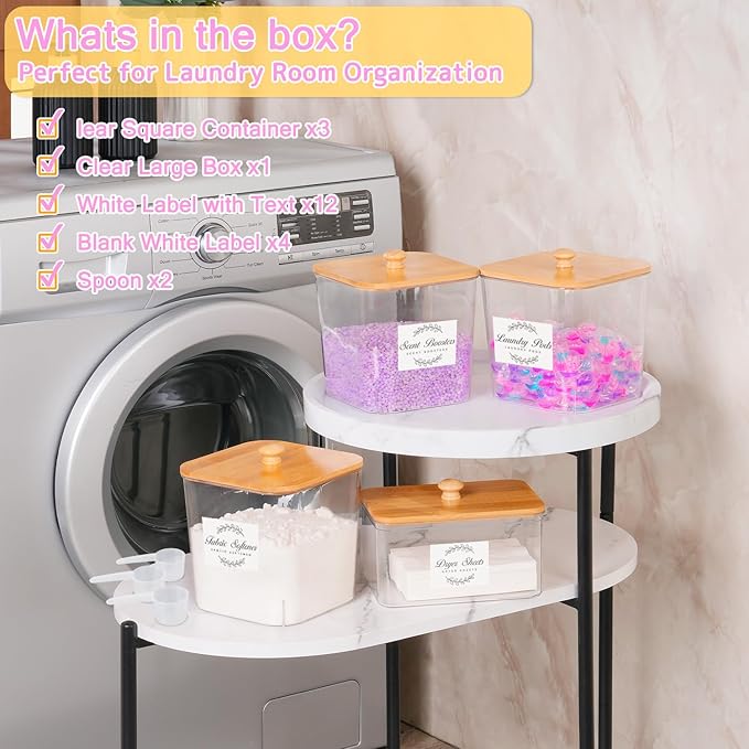 efluky 4 Pack Laundry Pods Container & Dryer Sheet Holder Set,Clear Laundry Room Organization Containers with Bamboo Lids and Labels,Laundry Pods Holder for Scent Booster,Powder,Pod