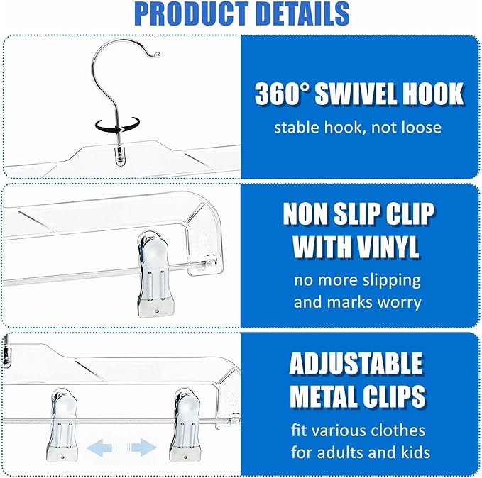 Amber Home 24 Pack Clear Plastic Pants Hangers, Skirt Hangers with 2 Adjustable Clips for Jeans, Slacks & Shorts, Crystal Clear Clothes Hangers with 360° Swivel Hook