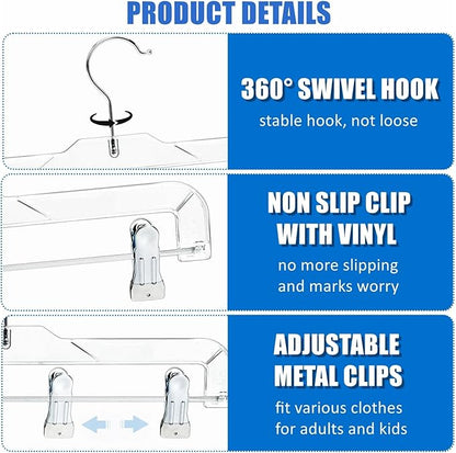Amber Home 24 Pack Clear Plastic Pants Hangers, Skirt Hangers with 2 Adjustable Clips for Jeans, Slacks & Shorts, Crystal Clear Clothes Hangers with 360° Swivel Hook