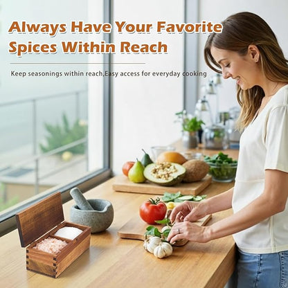 Acacia Wood Salt Cellar Spice Box with Magnetic Lid 29oz Large Capacity Salt Organizer 2 Compartments for Kitchen Countertop, Pepper, Seasonings, Spices, Grilling & Cooking