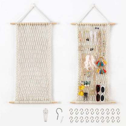 Pretty Jolly Hanging Jewelry Mesh Organizer Macrame Wall Mounted Necklaces Storage Earring Display Rack Girls Hair Clips Hanger with 20 Pieces S Shape Hooks for Bracelets,Necklace and Rings(Beige)
