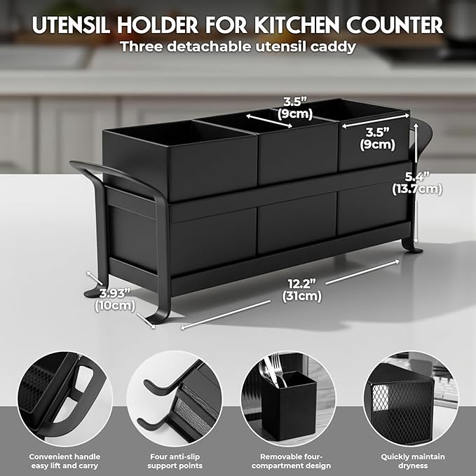 Utensil Holder Mesh Drainage Holes, 3pcs Bins Set Countertop Utensil Holder for Spoons, Forks and Knives, Cutlery Organizer Suitable for Party, Kitchen Counter, Black