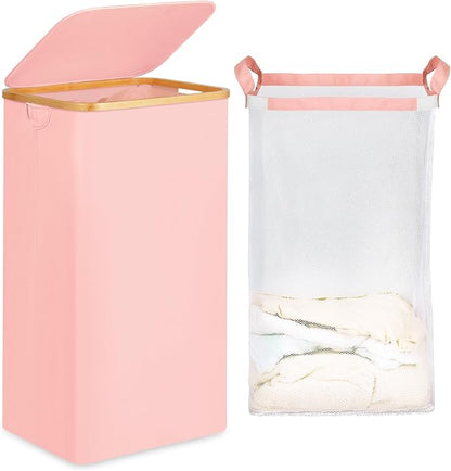 efluky 26 Gal Laundry Basket with Lid and Net Bag, Tall Laundry Hamper with Bamboo Handles, Aesthetic Dirty Clothes Bin for Laundry Room, Bathroom, Bedroom and Dorm, Pastel‌