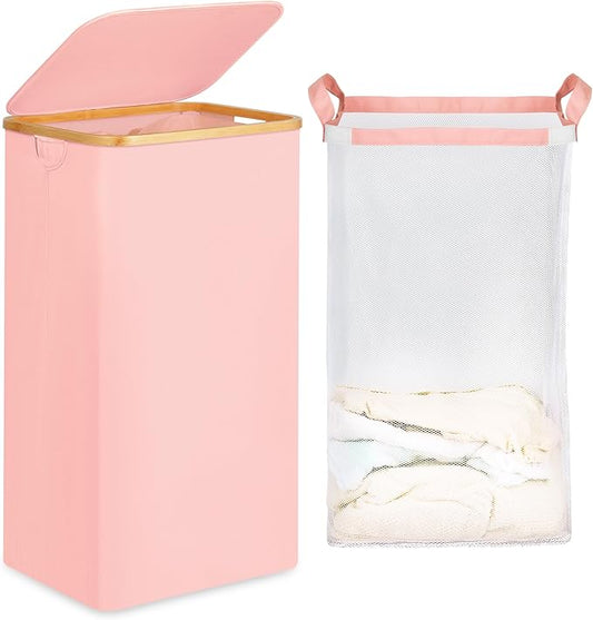 efluky 26 Gal Laundry Basket with Lid and Net Bag, Tall Laundry Hamper with Bamboo Handles, Aesthetic Dirty Clothes Bin for Laundry Room, Bathroom, Bedroom and Dorm, Pastel‌