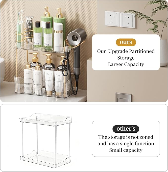 Bathroom Counter Organizer for Vanity, Makeup Organizer Countertop with Holder, Large Capacity Storage Rack, Perfect Large Skincare, Hair Care, Perfume, Easy to Install (Clear, 2Tiers)