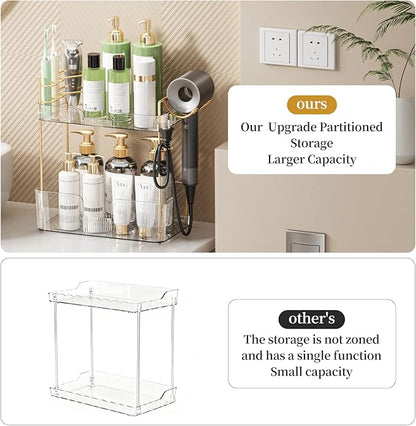 Bathroom Counter Organizer for Vanity, Makeup Organizer Countertop with Holder, Large Capacity Storage Rack, Perfect Large Skincare, Hair Care, Perfume, Easy to Install (Clear, 2Tiers)