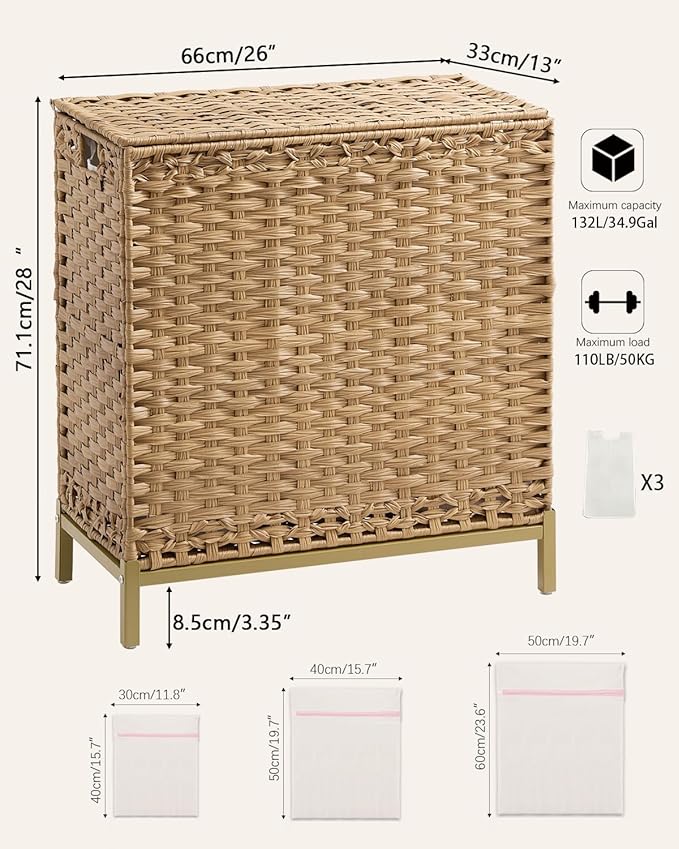 SETVSON Laundry Hamper with Lid 132 L, (35 Gallons) Clothes Hamper with Lid, Handwoven Rattan Laundry Hamper with Metal Heightened Feet, Laundry Hampers with 3 Removable Liner Bags for Laundry-Natural