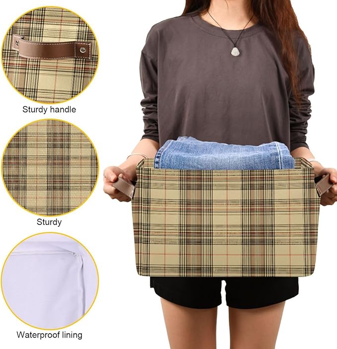 Large Storage Basket Beige Gingham Plaid Storage Bin Cube Canvas Fabric Organizer Handles Collapsible for Clothes Toys Bedroom Decorative
