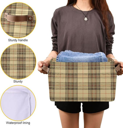 Large Storage Basket Beige Gingham Plaid Storage Bin Cube Canvas Fabric Organizer Handles Collapsible for Clothes Toys Bedroom Decorative