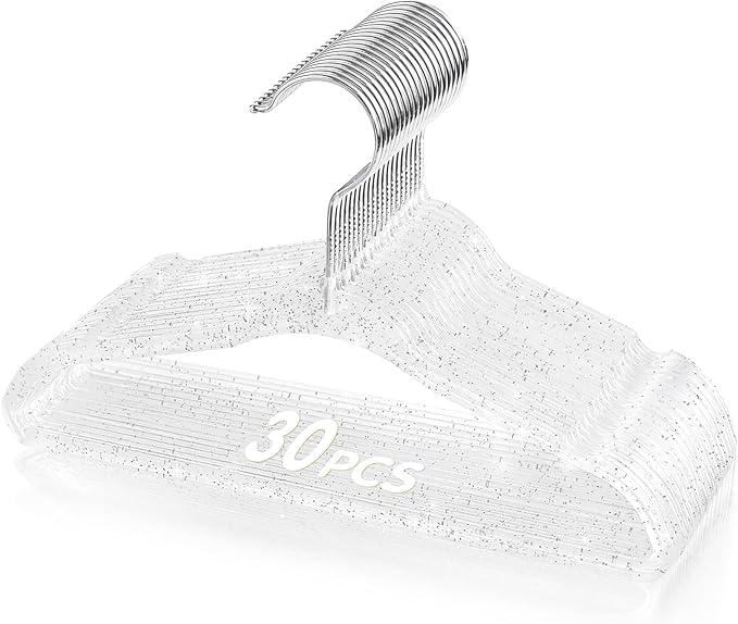 VIS'V Baby Hangers, 11 Inch Acrylic Kids Glitter Hangers for Infant Toddler Nursery Closet Clothes Organization, Clear, 30 Pcs