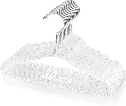 VIS'V Baby Hangers, 11 Inch Acrylic Kids Glitter Hangers for Infant Toddler Nursery Closet Clothes Organization, Clear, 30 Pcs