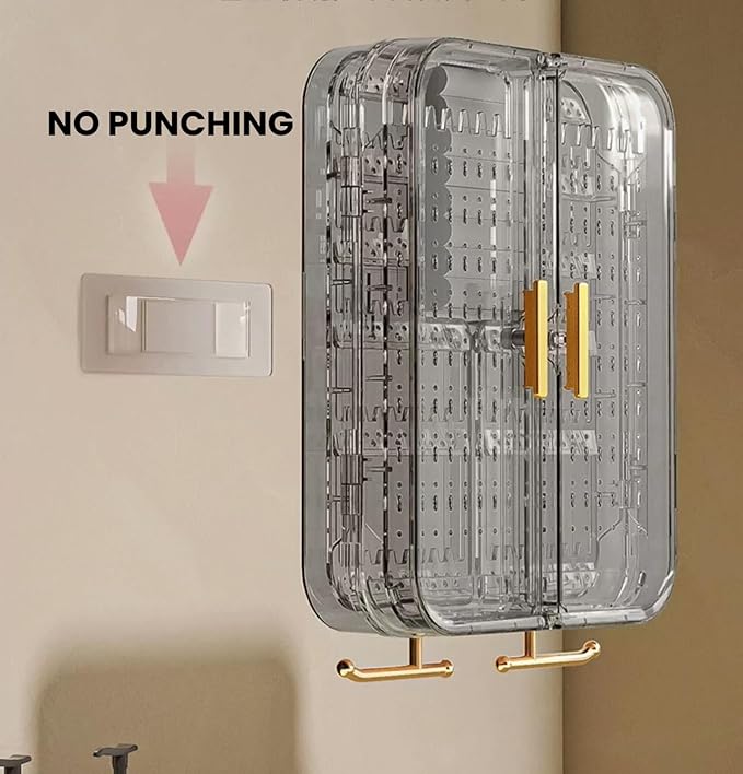 Wall Mounted Jewelry Organizer -No Punching Foldable 4-Compartment Earring Holder for Necklaces, Rings, Bracelets | Jewelry Holder Wall for Women & Girls (Gray)