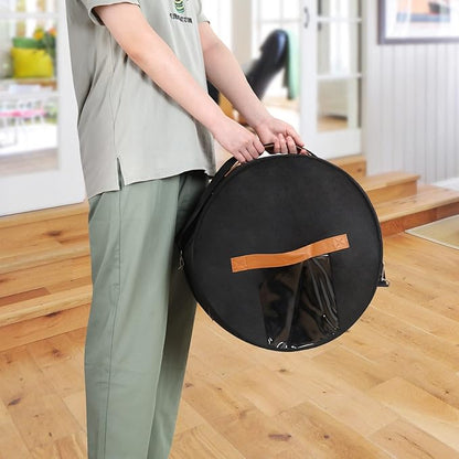 Pehciroe Modern Black Round Hat Box Storage, Portable Felt Travel Hat Boxes with Translucent Dustproof Lid and Shoulder Strap, 16.9" x 8.3" x 8.3"