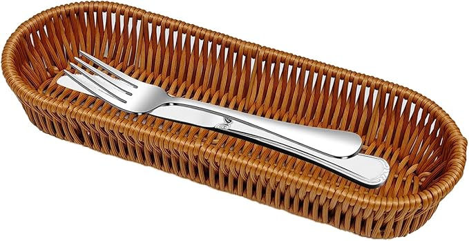 Storage Basket Small, Silverware Organizer Basket, Flatware Organizer for Drawer, Small Narrow Bread Baskets, Stackable Wicker Storage Baskets for Spoons Forks Knives Stationery (Oval)