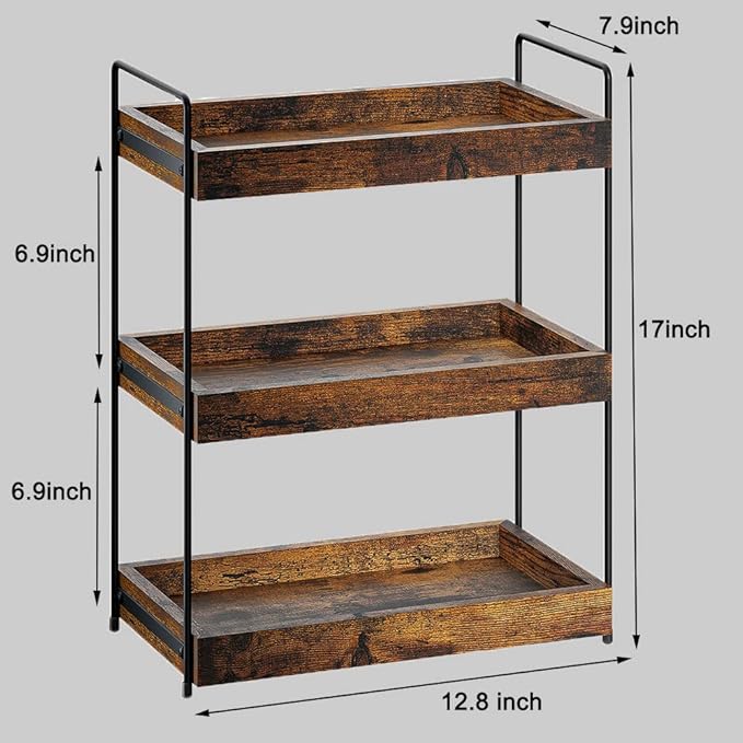 Bathroom Counter Organizer, 3-Tier Wood Spice Rack Organizer for Kitchen Counter, Vanity Skincare Organizers Shelf for Bathroom Storage Organization, Rustic Brown