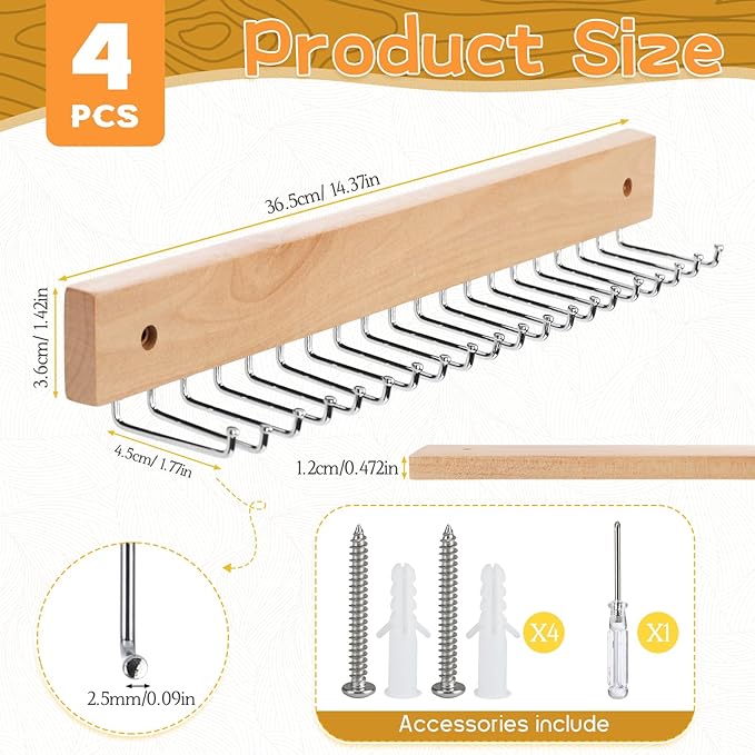 4 Pack Necklace Holder Wall Mount, Wooden Hanging Jewelry Organizer with 80 Hooks Total, Space Saving Necklace Holder for Wall, Necklace Wall Hanger for Necklaces, Bracelets, Pendant
