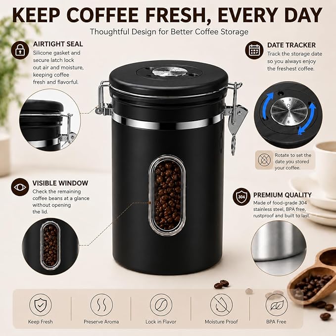 Black Coffee Canister Airtight 22oz Stainless Steel Coffee Bean Storage Container with Date Tracker, Window & One-Way CO2 Valve, Kitchen Coffee Jar for Beans, Ground Coffee, Tea, Sugar, Rice