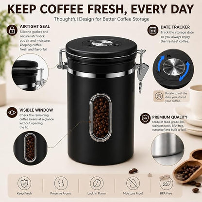 Black Coffee Canister Airtight 22oz Stainless Steel Coffee Bean Storage Container with Date Tracker, Window & One-Way CO2 Valve, Kitchen Coffee Jar for Beans, Ground Coffee, Tea, Sugar, Rice