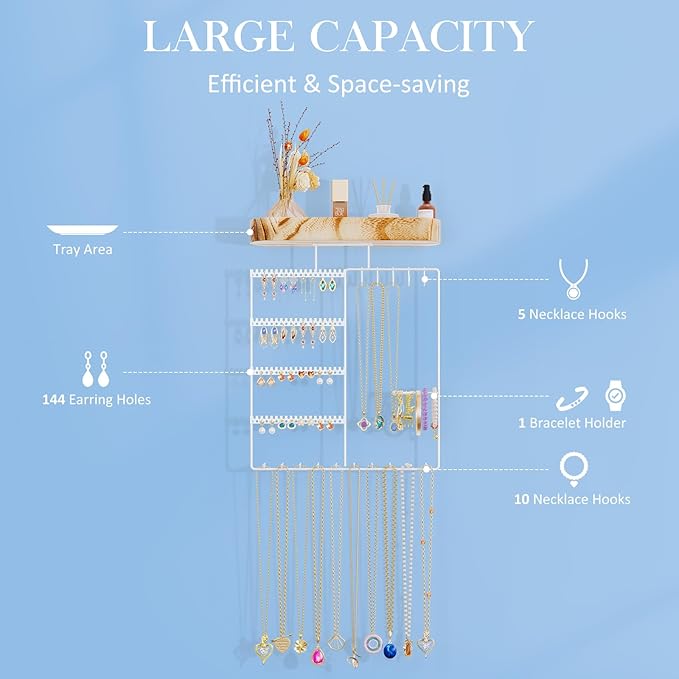 Lolalet Hanging Jewelry Organizer with Wood Shelf, 6-Tier Wall Mount Jewelry Holder with Earrings Holder Bracelets Holder Necklaces Hooks, Jewelry Display Rack for Wall Bathroom -White