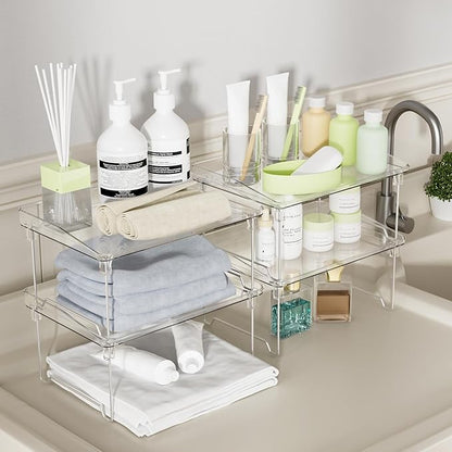STARLATTA Acrylic Cabinet Organizer Shelf,4 Pcs Stackable Kitchen Counter Shelves,Spice Rack,Countertop Organizers,Clear Plastic Storage Organization for Makeup，Bathroom,Cupboard,Desk,Pantry