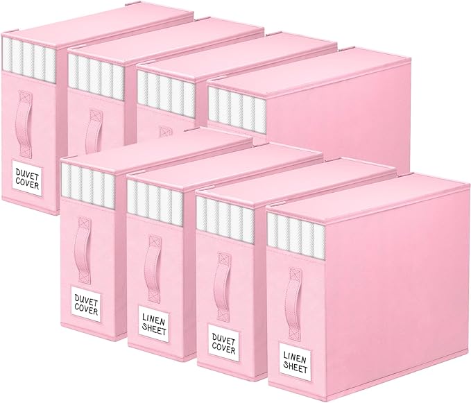 StorageTastic 8 Pack Bed Sheet Closet Organizers and Storage,Sturdy Foldable Storage Containers with Window and Label,Storage and Organization for Bedding Sheets,Duvet Covers,Blankets (Pink)