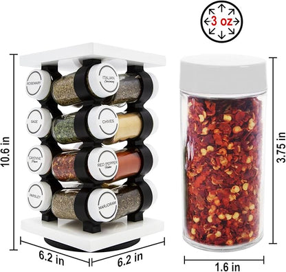 Orii 16 Jar Rotating White Spice Rack with Spices Included & 5-Year Spice Refill Program – Compact Countertop Spice Rack with Glass Jars