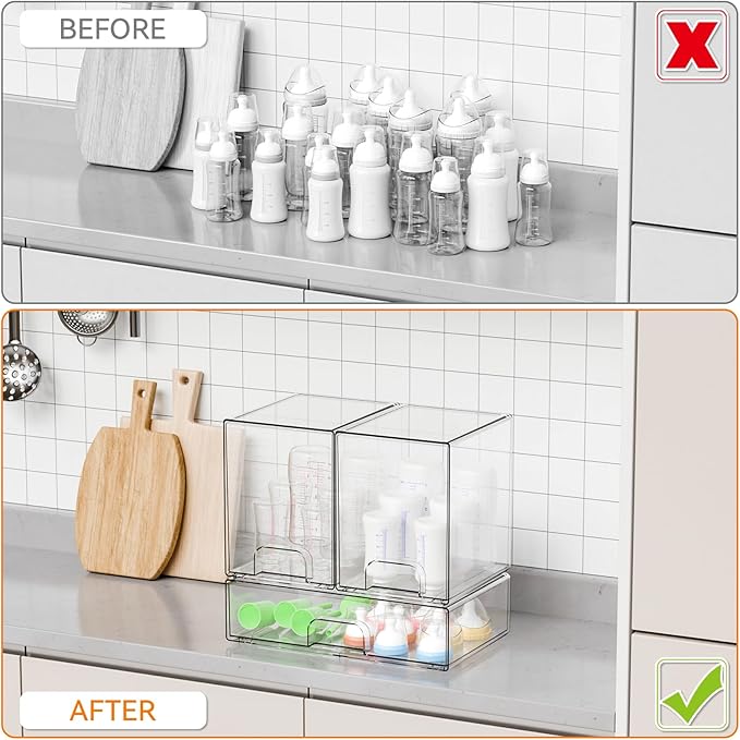 Yieach 3 Set Baby Bottle Organizer for Countertop,BPA Free Bottle Station Organizer for Breast Pump Parts,Pacifier and Baby Accessories,Clear Stackable Storage Drawers and Home Edit Storage Containers
