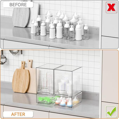 Yieach 3 Set Baby Bottle Organizer for Countertop,BPA Free Bottle Station Organizer for Breast Pump Parts,Pacifier and Baby Accessories,Clear Stackable Storage Drawers and Home Edit Storage Containers