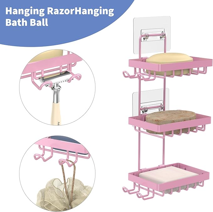 Moforoco 3 Tier Pink Soap Dish Holder for Shower Wall, No Drilling, 304 Stainless Steel, Soap Bar with 4 Hooks and Razor Holder for Shower, Shampoo Bar Holder for Girly Bathroom Accessory Decor
